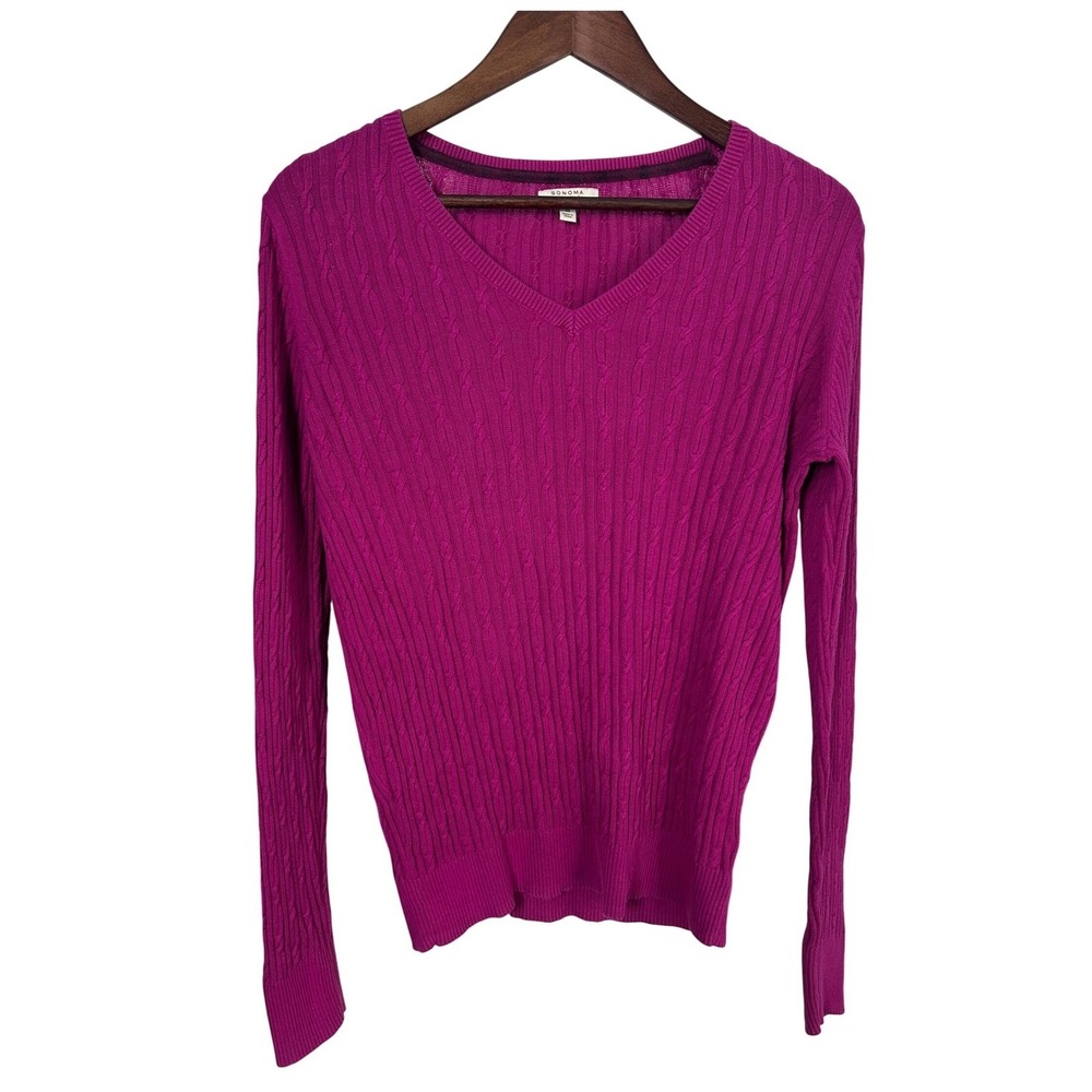 Sonoma Life+Style Women Medium Pink Cable Knit Pullover V-Neck Sweatshirt Y2K